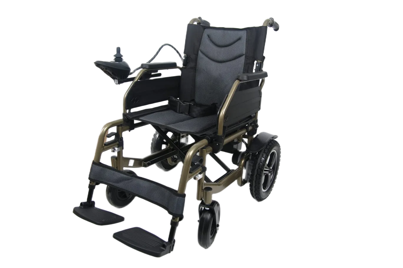 Foldable electric wheelchair with joystick controller, padded seat, footrests, and durable powered rear wheels for enhanced mobility.