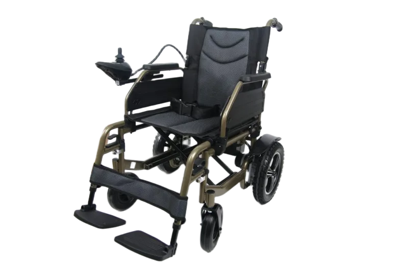 Foldable electric wheelchair with joystick controller, padded seat, footrests, and durable powered rear wheels for enhanced mobility.
