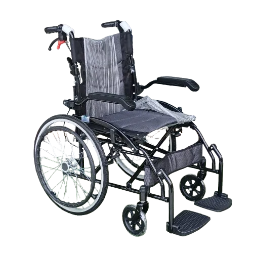 Manual folding wheelchair with large self-propelled rear wheels, padded seat, flip-up armrests, and swing-away footrests for comfortable daily mobility.
