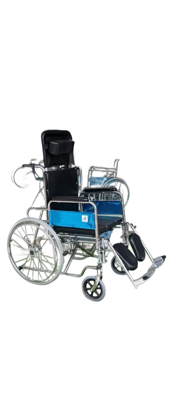 Wheel Chair Model 608GC reclining manual wheelchair with commode seat, detachable armrests, elevating footrests, padded upholstery, and chrome-plated steel fram