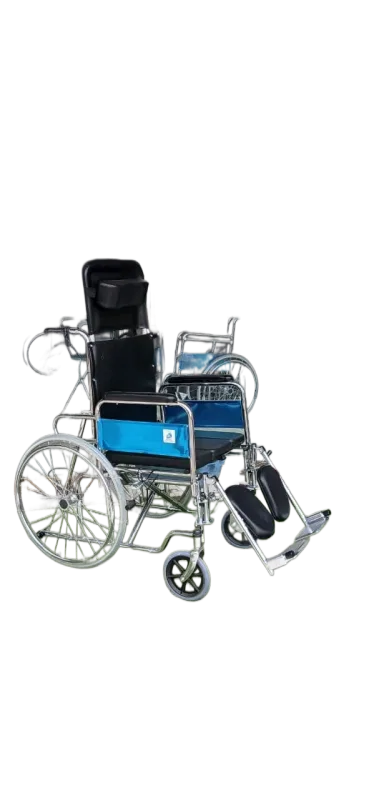 Wheel Chair Model 608GC reclining manual wheelchair with commode seat, detachable armrests, elevating footrests, padded upholstery, and chrome-plated steel fram