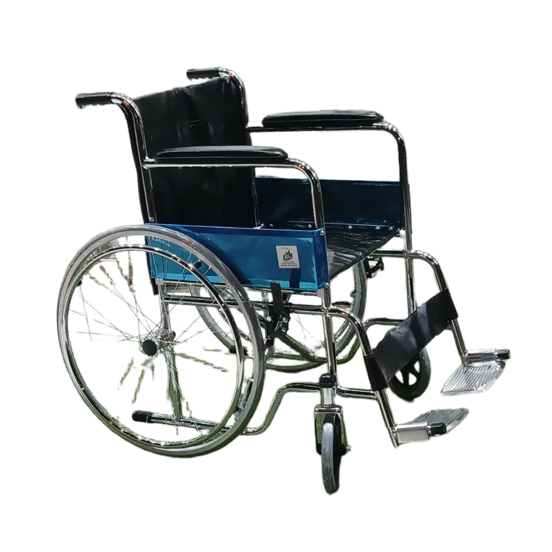 Wheel Chair Model 809 Chrome manual wheelchair with chrome-plated steel frame, comfortable seat, large rear wheels, and smooth mobility for hospitals, rehabilit