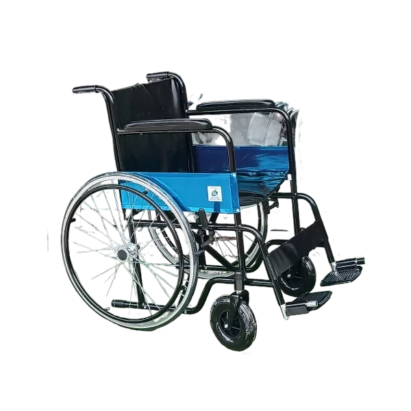 Wheel Chair Model 809E manual wheelchair with 50mm front wheels, sturdy steel frame, comfortable seat, smooth mobility, suitable for hospitals, rehabilitation c