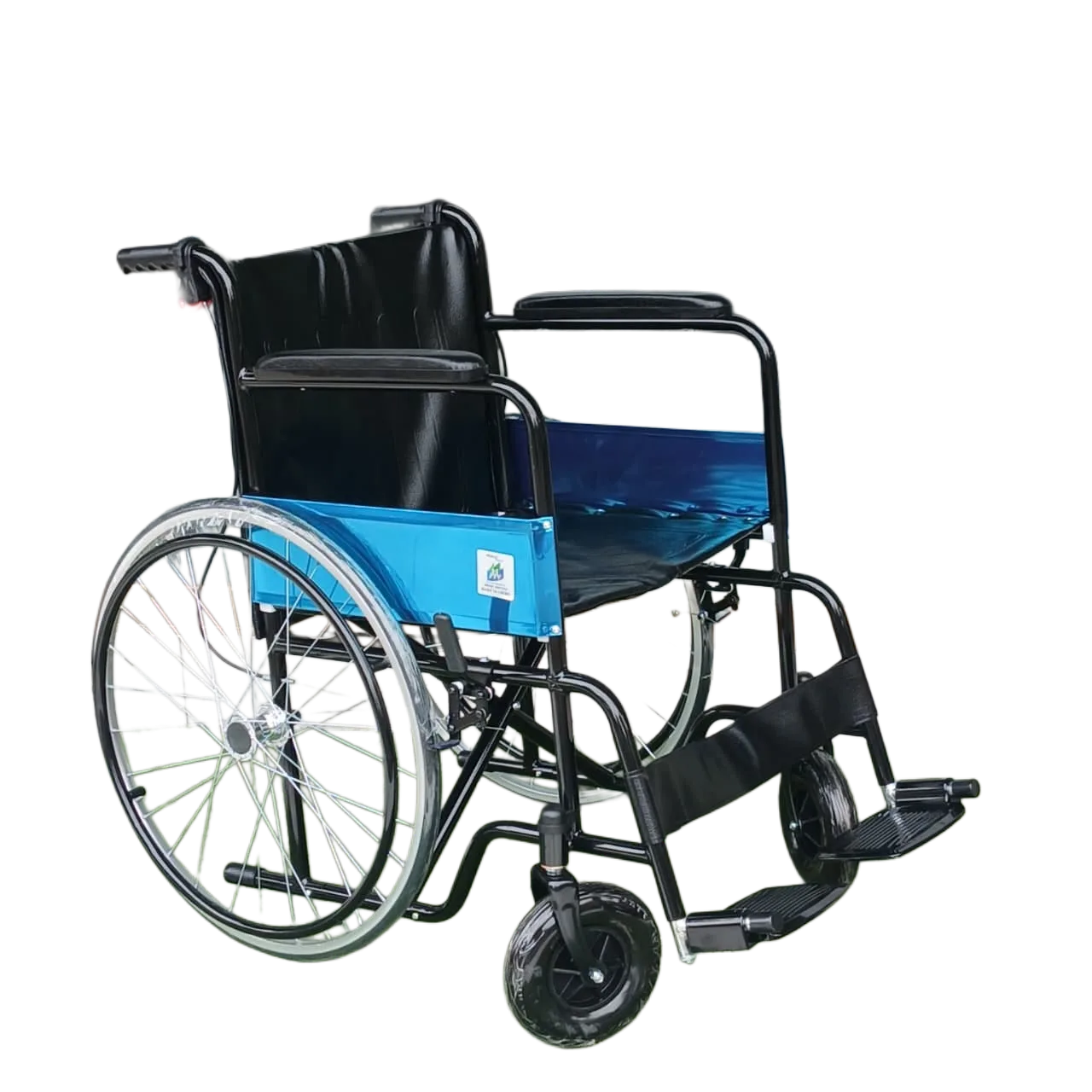 Wheel Chair Model 809EJ manual wheelchair with 50mm front wheels, durable steel frame, ergonomic seat, smooth-rolling caster wheels, ideal for hospitals, rehabi
