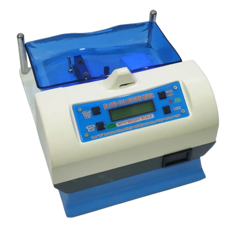 Blood Collection Mixer with digital scale for accurate blood bag weighing and continuous mixing during blood collection in blood banks and hospitals.