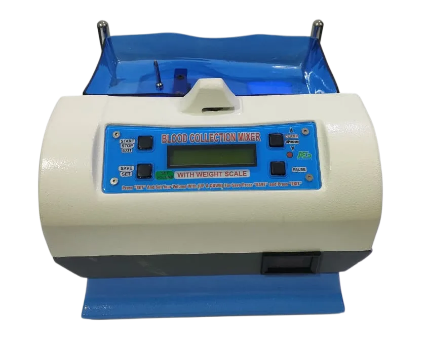 Blood Collection Mixer with digital scale for accurate blood bag weighing and continuous mixing during blood collection in blood banks and hospitals.