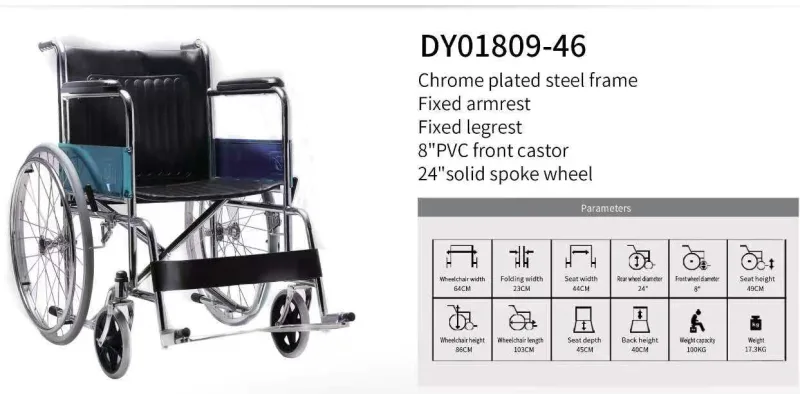 Wheel Chair Model 809 Chrome manual wheelchair with chrome-plated steel frame, comfortable seat, large rear wheels, and smooth mobility for hospitals, rehabilit